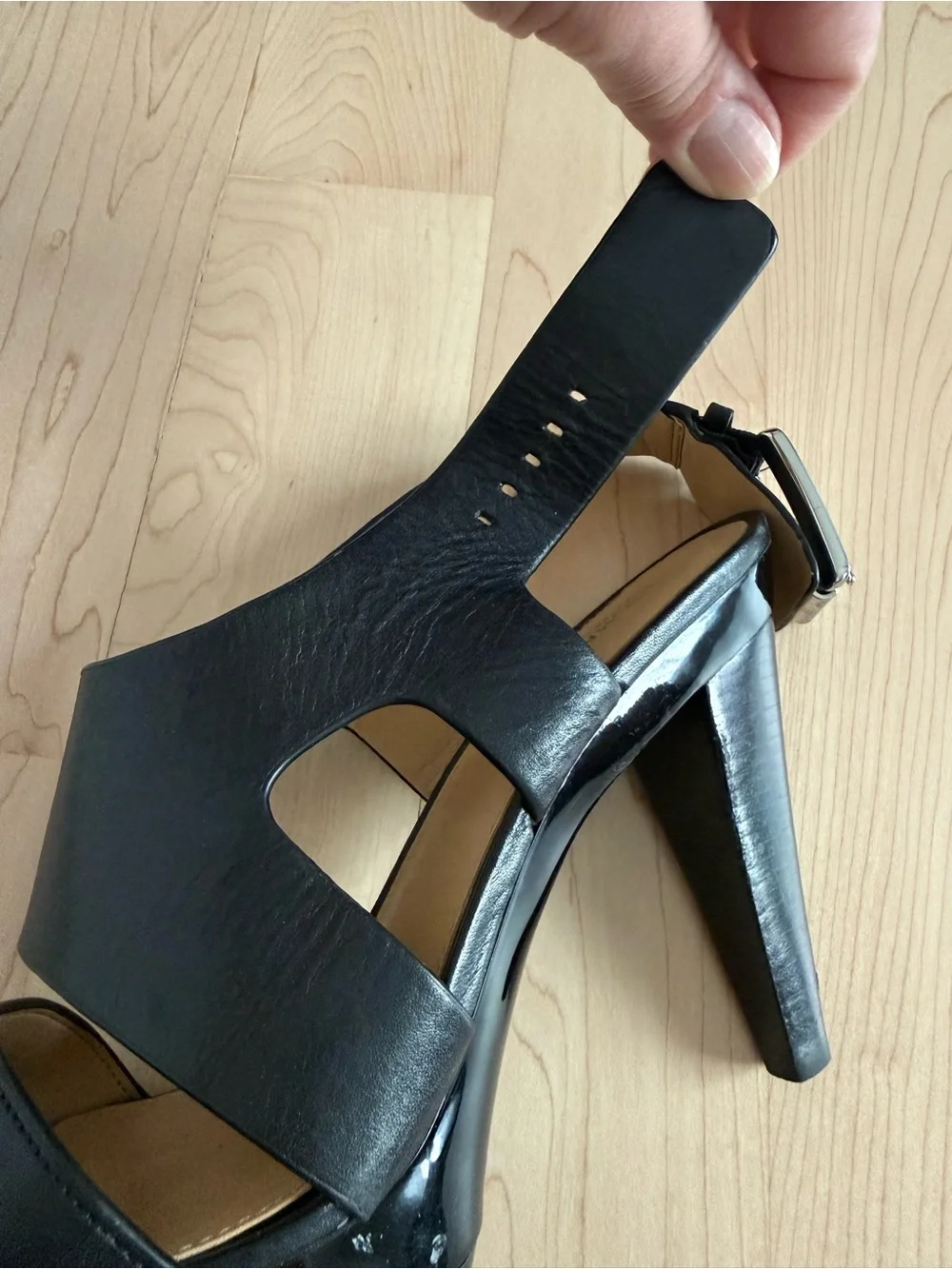 Michael Kors Black Leather Cutout Buckle High Heel Sandals